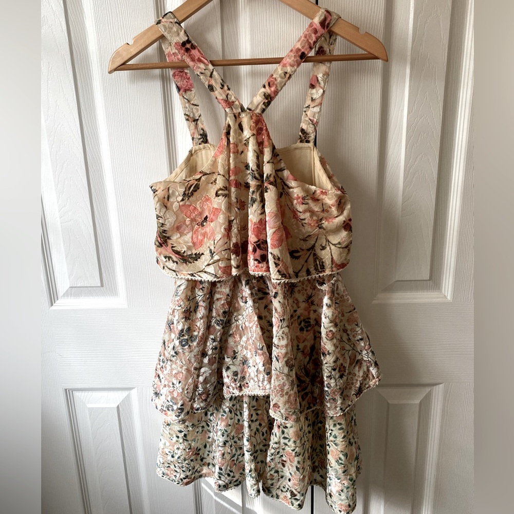 HEMANT & NANDITA Floral Cream and Pink Tiered Mini Dress